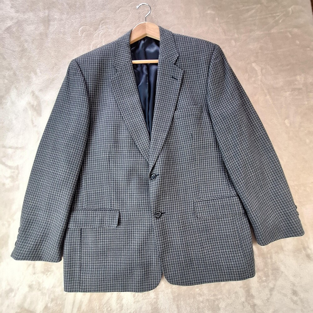 Botany 500 Blazer Mens 46 Blue Wool Check Tweed Single Vent Sport Coat Jacket